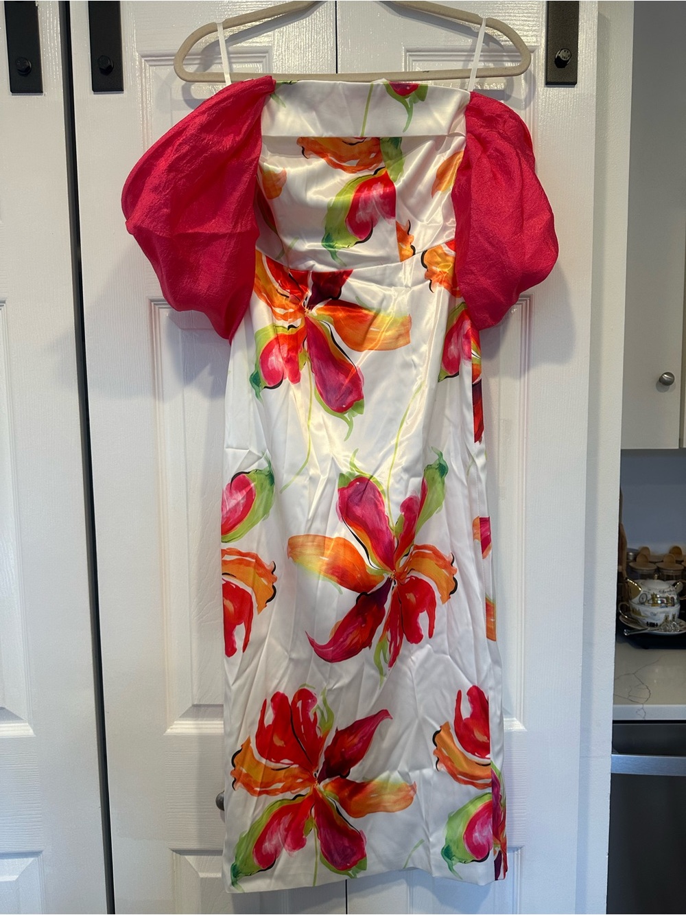 WOLDDRESS Off Shoulder Floral Matte Satin Midi Dress Size S BNWOT